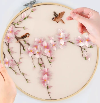 Beginner Su Embroidery DIY Self-Stitch Magnolia & Bird Material Kit - Shu Embroidery Round Fan Handcraft Set, Gift for Boyfriend