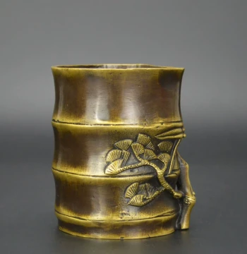 Brass Pen Holder Ornament: Pure Copper Scholar's Desk Decor with Pine, Bamboo, and Plum Motifs – Antique-Style Craft for Study or Office