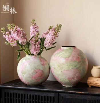 Chinese Retro Ceramic Vase: Painted Pink-Green Flower Vessel for Hydroponics, Living Room, Entryway, or Bedside Decor