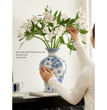 Miyu New Chinese Style Ceramic Vase - Retro Blue and White with Gold Grapes and Birds for Living Room or Entryway Luck Decor