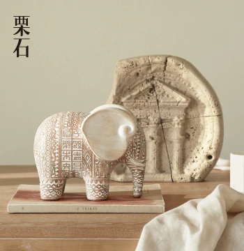Chestnut Stone Wabi-Sabi Style Retro Relief Elephant Lucky Ornament for New Chinese Style Living Room, Entryway, and Office Decor