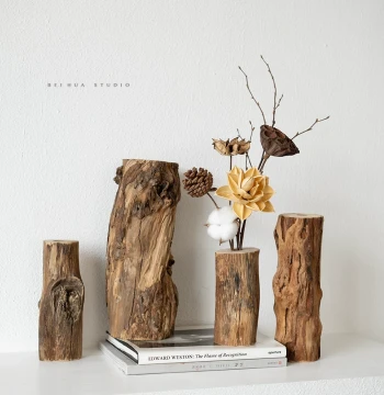 Distressed Solid Wood Vase in Wabi-Sabi Style - Chinese Retro Zen Decor for Tea Tables, Dried Flower Arrangements, and Tea Room Landscaping