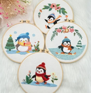 Fingertip Intangible Cultural Heritage Lu Embroidery DIY Kit Handmade Penguin Cartoon Animal Beginner Zero Basis Needle Thread Kit Wall Hanging