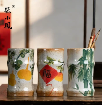 Zhang Xiaofeng Hand-Painted Brush Pot - Jingdezhen Ceramic Storage Box for Four Treasures of the Study, Elegant Desktop Decor and Gift Set