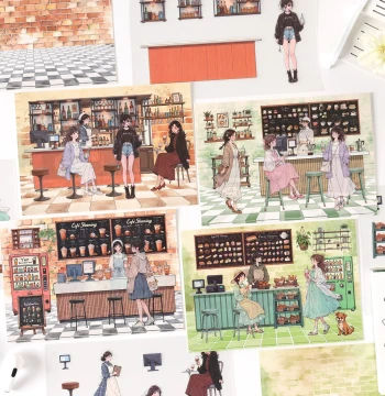 Scenery Stickers: Ancient City Resort Shop, Girl Figures, Miniature Landscape Decals for Journaling and Stress-Relief DIY