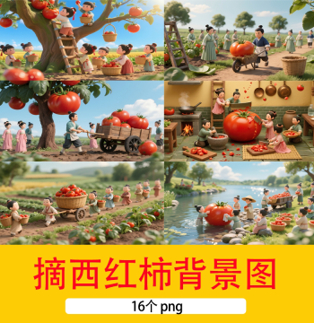 Chinese Style Background Image: Group of Cartoon 3D Figures in Hanfu Picking and Transporting Tomatoes for Micro-Landscape Scenes
