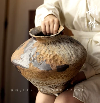 New Chinese Wabi-Sabi Ceramic Vase, Jingdezhen Zen Rustic Handmade Coarse Pot, Vintage New Year Decor for Homestays