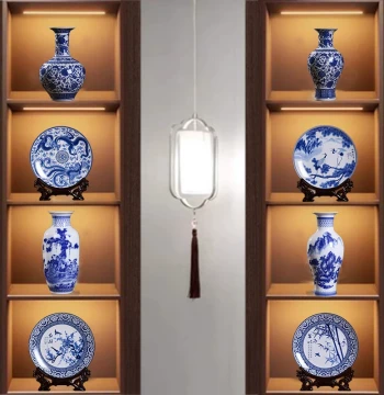 New Chinese Tea Room Hotel Curio Shelf High-End Retro Decorations Blue and White Porcelain Vase Flower Arrangement Ornament Set