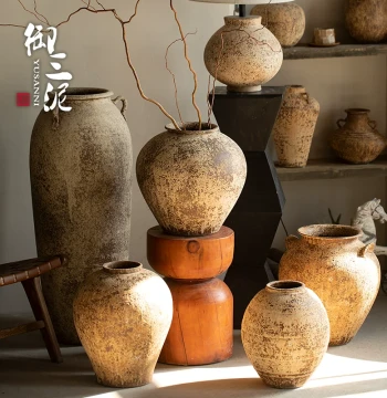 Yusan Ni New Chinese Ceramic Vase for Dried Flowers, Home Decor, Rough Pottery Retro Flower Pot, Water-Cultivation Compatible Ceramic Jar for Homestay