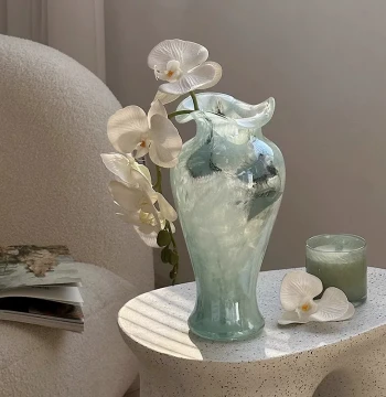 Blue Glass Vase, Chinese Vintage Style Flower Arrangement Ornament for Living Room, Premium TV Cabinet Soft Decor