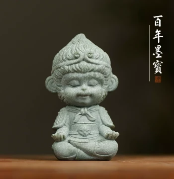 Green Sand Sculpture Little Wukong: Creative Study Desk Ornament and Brush Rest for Traditional Four Treasures of the Study