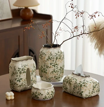 Vintage Floral Combination Vase, Tissue Box, and Ashtray Set - Premium New Chinese Style Home Decor for Living Room