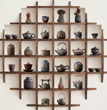 Chinese Tea Room Tea Rack and Curio Shelf Decor, Home Zen Retro Nostalgic Teapot, Tea Canister, and Teacup Set Display