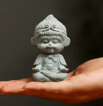 Green Sand Sculpture of Little Wukong - Creative Desk Ornament, Paperweight, Ruler, Buddha Statue, Four Treasures of the Study Gift Set