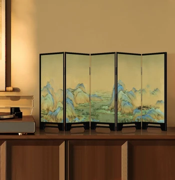 A Thousand Li of Rivers and Mountains Mini Screen Desktop Ornament, New Chinese Style Tea Table, Home Side Cabinet, Entryway Decor, Vintage Display Painting
