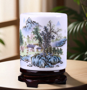 Jingdezhen Ceramic Brush Holder, Vintage Chinese Style, Large Capacity Desktop Decor for Office and Study
