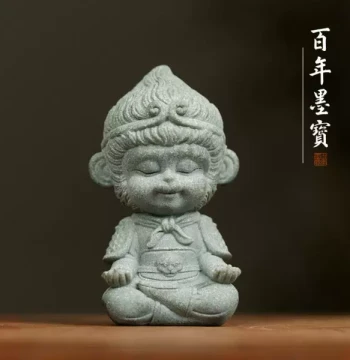 Green Sand Sculpture of Little Wukong - Creative Brush Rest and Desk Ornament for Study Room