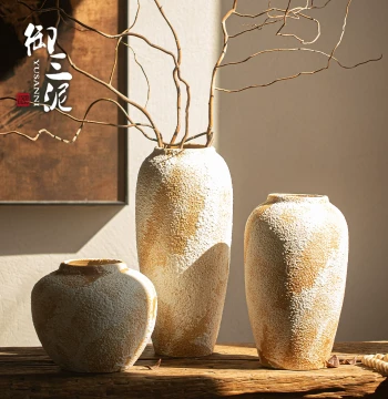Yusan Ni New Chinese Style Handmade Wabi-Sabi Ceramic Vase, Rustic Pot for Home Entryway and Living Room Flower Arrangement, Retro Decor