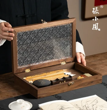 Zhang Xiaofeng Walnut Wood Brush Storage Box, Premium Calligraphy Set with Seal Tray for Beginners and Experts