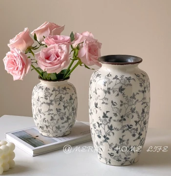 New Chinese Style Literary Ink-Wash Design Vintage Ceramic Vase for Water Plants & Floral Arrangements - Living Room, Hotel & Dining Table Decor