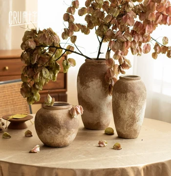 Vintage Tall Coarse Pottery Vase, Earthware Jar with Golden Rain Tree Dried Flowers, Living Room Floor Standing Wabi-Sabi Chinese Decor, Autumn Charm