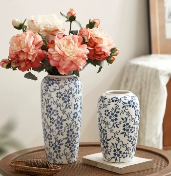 New Chinese Premium Blue-and-White Porcelain Vintage Vase - Creative Floral Container for Living Room and Entryway Decor