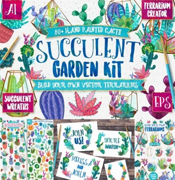 A0275 Vector AI Design Asset: Watercolor Forest-Style Hand-Drawn Cactus Miniature Landscape and Succulent Illustration