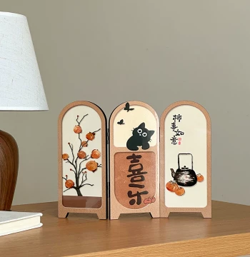 Vintage 'Persimmons Bring Good Fortune' Mini Screen Desktop Ornament - New Chinese Decor for Office, Tea Table, or TV Cabinet