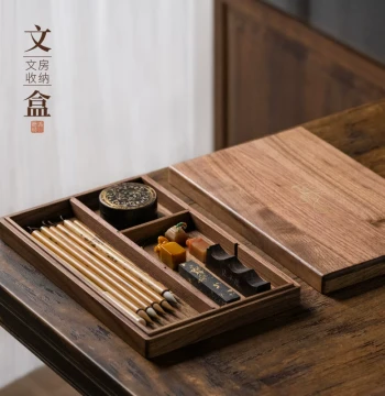 Zhang Xiaofeng Premium Brush Storage Box - Four Treasures of Study Calligraphy Display, Vintage Ink Tray, Black Walnut Solid Wood Tool & Jewelry Case for Female Beginners