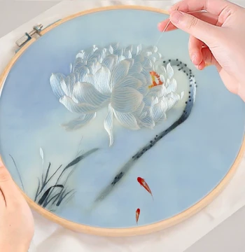 Su Embroidery DIY Kit for Beginners - Hand Embroidery Material Pack with Stitch Diagrams Featuring Twin Lotuses, Lotus Flowers, and Carp