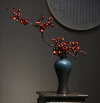 New Chinese Retro Zen Ceramic Vase (Plum & Beauty Style) - Living Room, Tea Room & Entryway Decor with Artificial Hydroponic Display