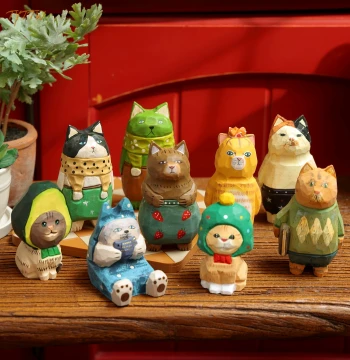 Cute Painted Wooden Cat Figurine: Desktop Decor, Handcrafted Art, and Healing Gift for Pet Lovers