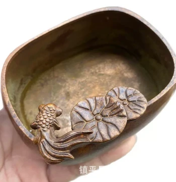 Antique Lotus Pond Moonlight Brush Washer with Goldfish and Lotus Leaves - Study Room Decor for Calligraphy and Painting