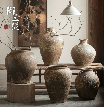 Jingdezhen Wabi-Sabi Vintage Coarse Pottery Large Floor Vase for New Chinese-Style Home, Homestay, or Tea Room Decor