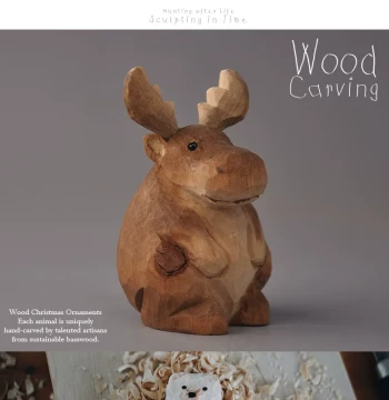 Export Wooden Carvings: Round Elk and Brown Bear Hand-Carved Solid Wood Collectible Figurines