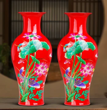 Large Jingdezhen Ceramic Red Vase, Chinese Living Room Fresh & Dried Flower Arrangement, Vintage Premium Decor