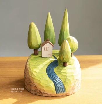 Wooden Cabin in the Forest - Healing Desktop Ornament with Magnetic Design, Hand-Crafted Gift
