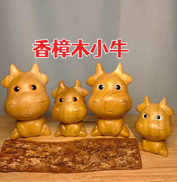 Pure Hand-Carved Camphor Wood Ox Zodiac Figurine New Year Birthday Gift Cute Bull Soaring High