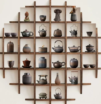 New Chinese Song Dynasty Aesthetic Tea Room Display - Vintage Teapot, Tea Canister, Incense Burner, and Curio Shelf Decor for Traditional Tea Ceremony