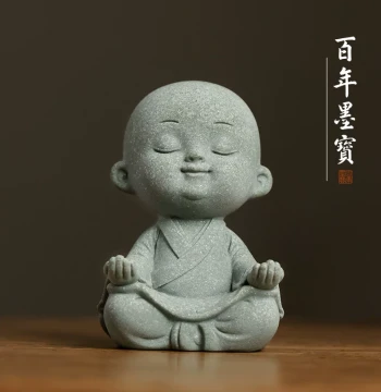 Green Sand Little Monk Statue – Creative Desk Ornament, Paperweight, Buddhist Figurine, Scholar's Gift