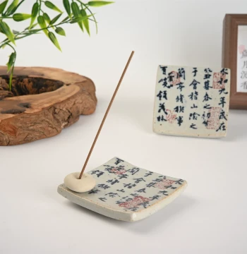 Chinese-Style Coarse Pottery Incense Holder with Calligraphy Characters: Handcrafted Zen Study Decor and Line Incense Base