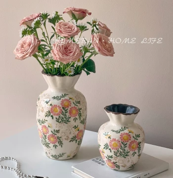 New Chinese Style Vintage Ceramic Vase Decor, Hydroponic Flower Arrangement for Living Room and Dining Table, Niche Pastoral Style Flower Vessel