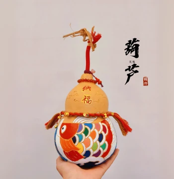 Natural Gourd Ornament with Hand-Carved, Painted, and Pyrography Fish Design - Home Decor for Entryway and Living Room