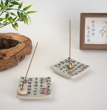 Chinese-Style Coarse Pottery Incense Holder with Calligraphy - Ceramic Stick Incense Base for Study and Zen Decor