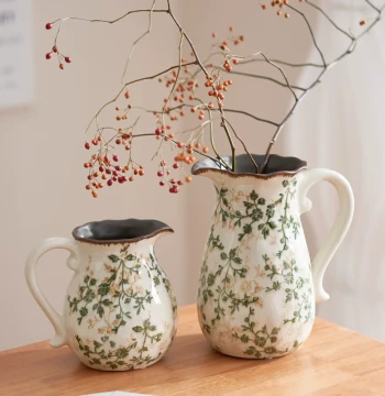 Ice-Crackle Ceramic Milk Pitcher Vase, Retro New Chinese Style Living Room & Study Water Rose Flower Arrangement Decor, Premium Aesthetic