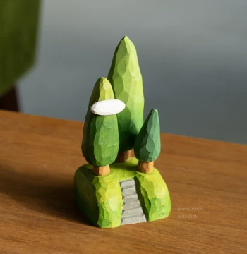 Stone Step Forest: Healing Artistic Wooden Desktop Ornament with Natural Scene, Trees, and Clouds – Handmade Gift