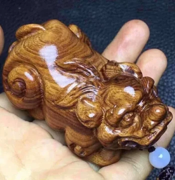 Laos Huanghuali Wood Carved Handheld Fortune Pixiu | Hand-Carved Solid Red Sandalwood Walnut Ornament and Craft Gift