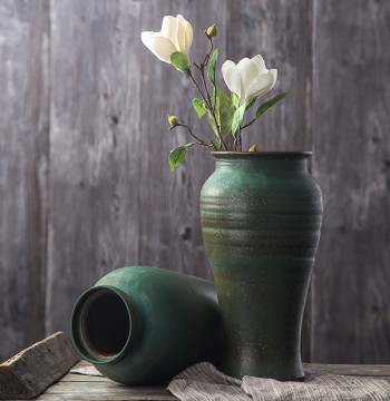 Vintage Handcrafted Green Coarse Pottery Ceramic Vase, Zen Style Earthenware Jar, New Chinese Living Room Decor, Hydroponic Flower Arrangement Vessel