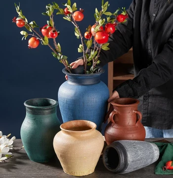 Retro Ceramic Vase, Pot, and Jar Flower Vessel for Succulents and Dried Flowers, Chinese Folk Style Distressed Decor for Living Room