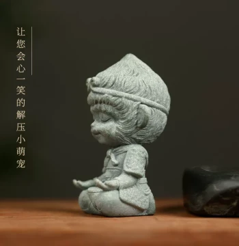 Green Sand Sculpture of Little Wukong - Creative Study Desk Ornament, Paperweight, Ruler, Buddha Statue, Four Treasures of the Study Gift